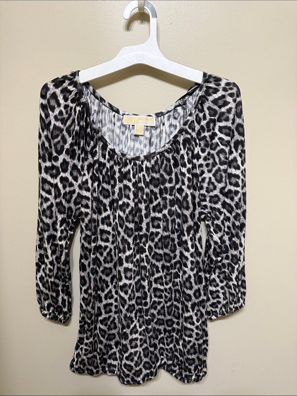 Michael Kors Black and White Leopard Print Long Sleeve Scoop Neck Top